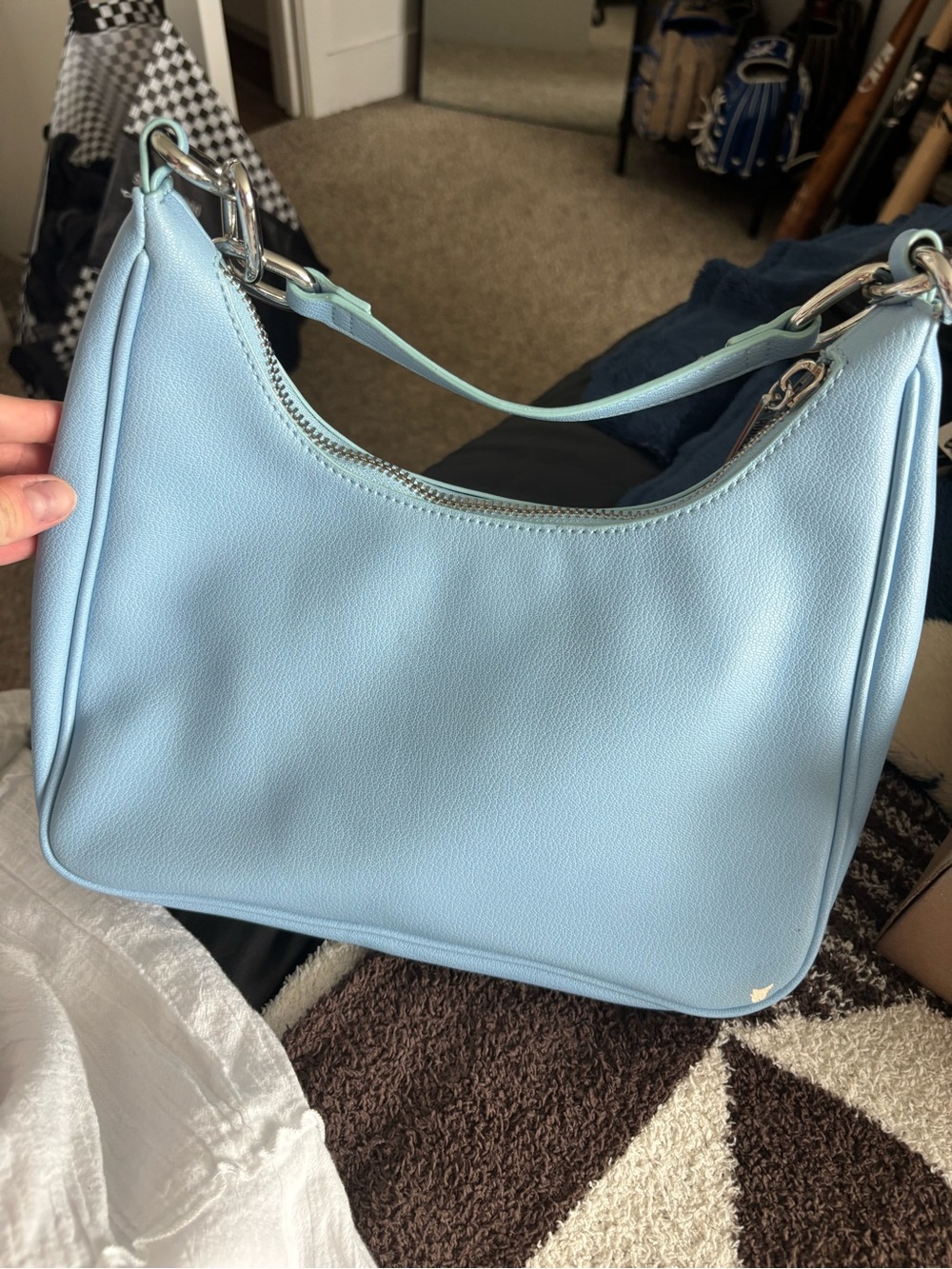 Light Blue Women's Shoulder Bag with Silver Hardware